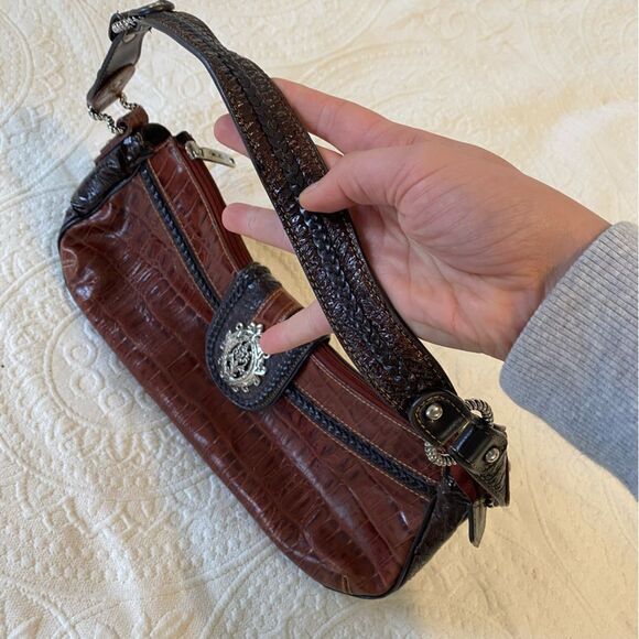 Y2K Brown Faux Alligator Embellished Shoulder Saddle Bag - Picture 5 of 13